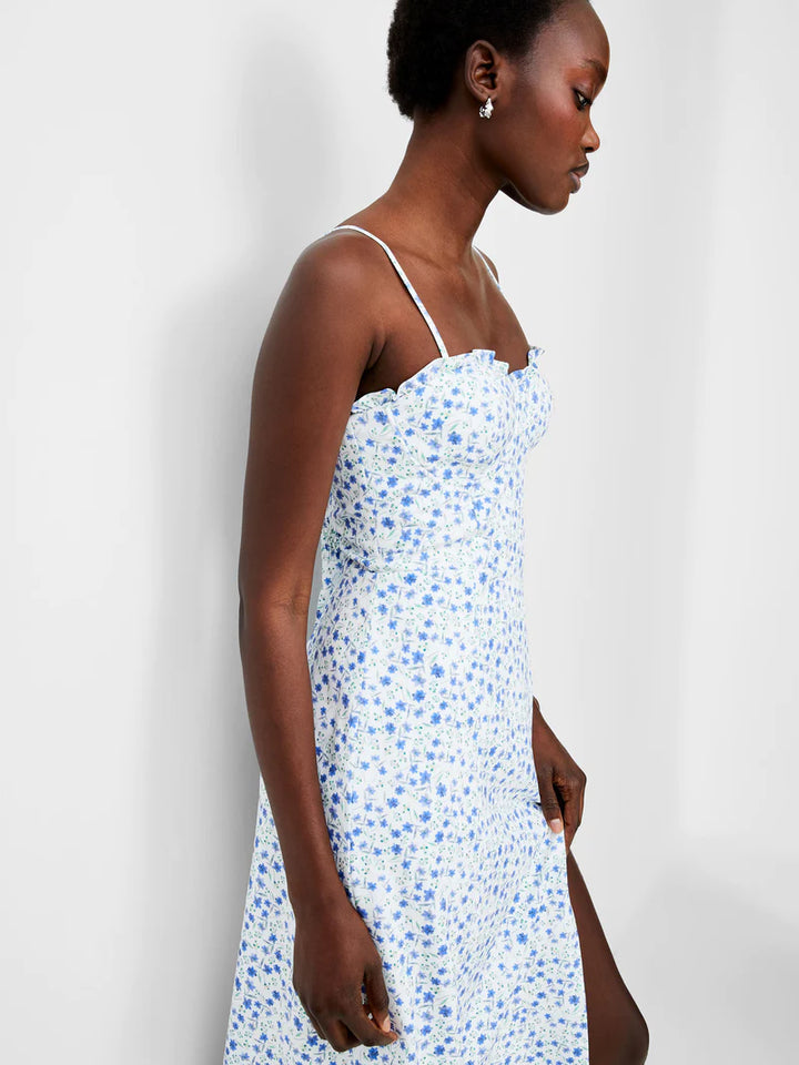 Camille Echo Crepe Strappy Dress in White Blue Multi
