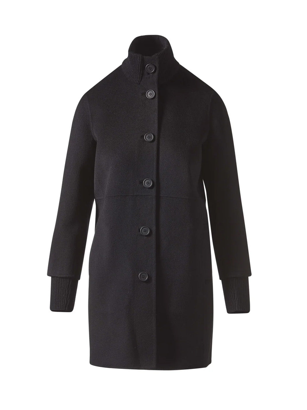 Button Front Knit Trim Coat in Black