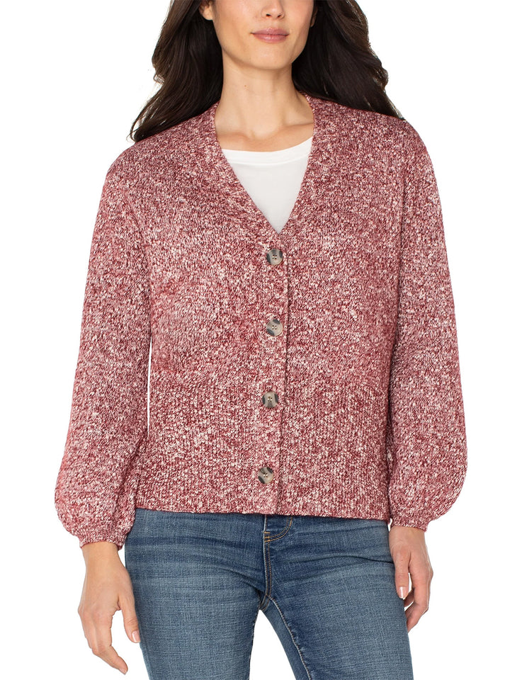 Long Sleeve Button Front Cardigan Sweater in Maroon Melange