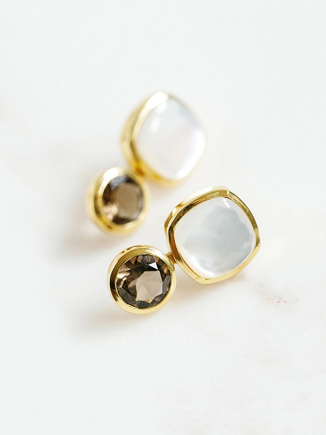Color Block Stud Earrings in Mother of Pearl and Faceted Smoky Quartz