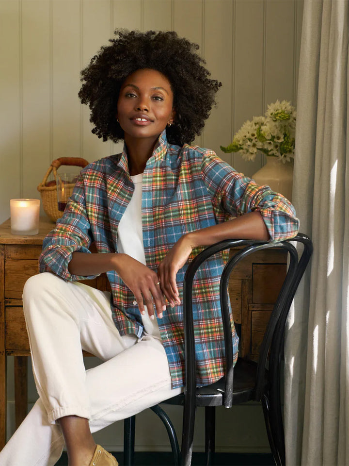 Eileen Relaxed Button Up Shirt in Orange and Green with Blue Plaid