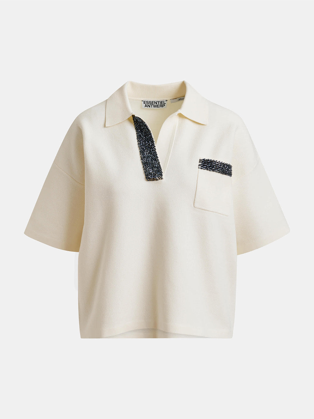 International Embellished Knit Polo in Off White