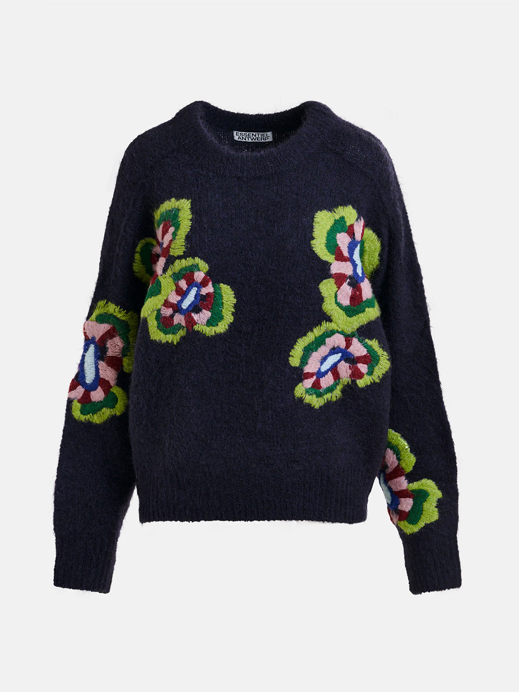 Navy, green and red fine knit sweater with embroidered flowers