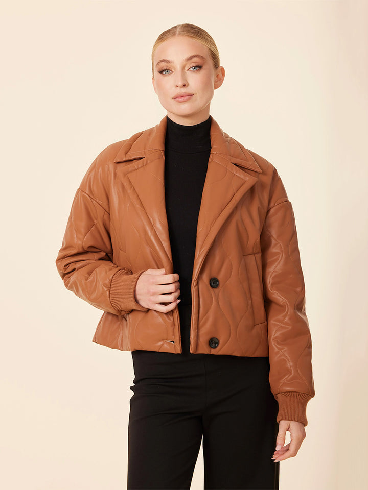 Faux Leather Quilted Jacket in Camel
