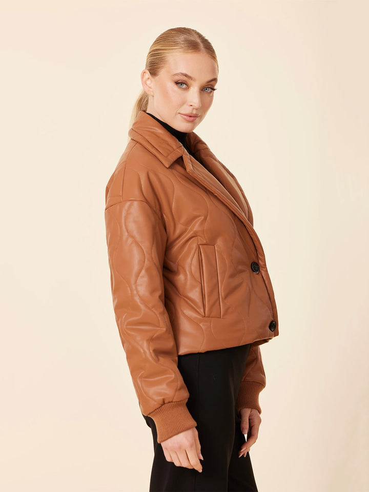 Faux Leather Quilted Jacket in Camel