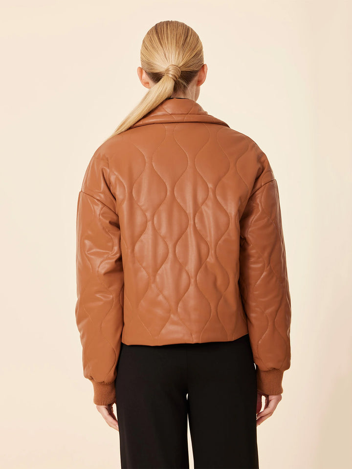 Faux Leather Quilted Jacket in Camel