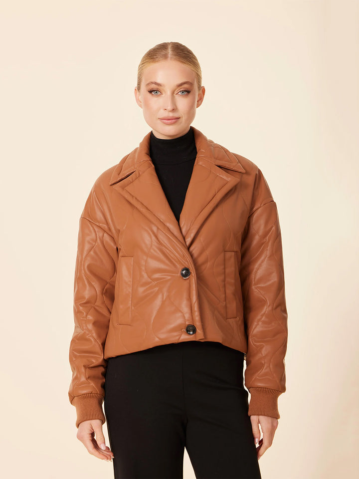 Faux Leather Quilted Jacket in Camel