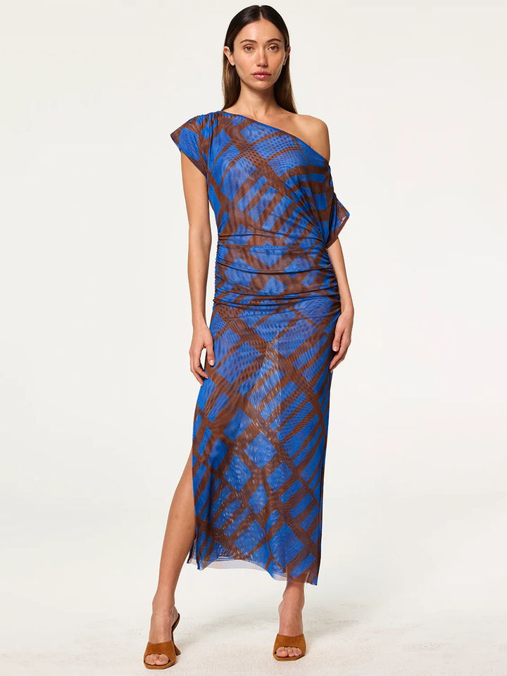 Kiana Dress in Blue Brown Matrix Mesh