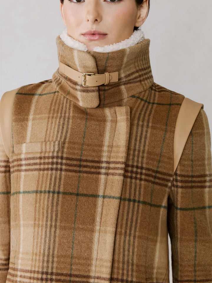 Kiana-P Plaid Moto Coat in Teak