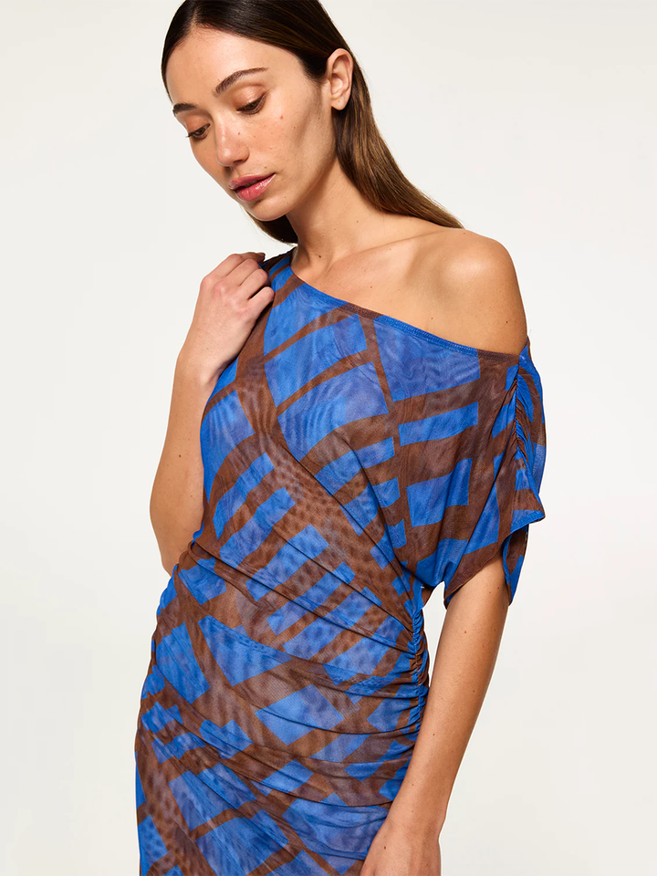 Kiana Dress in Blue Brown Matrix Mesh