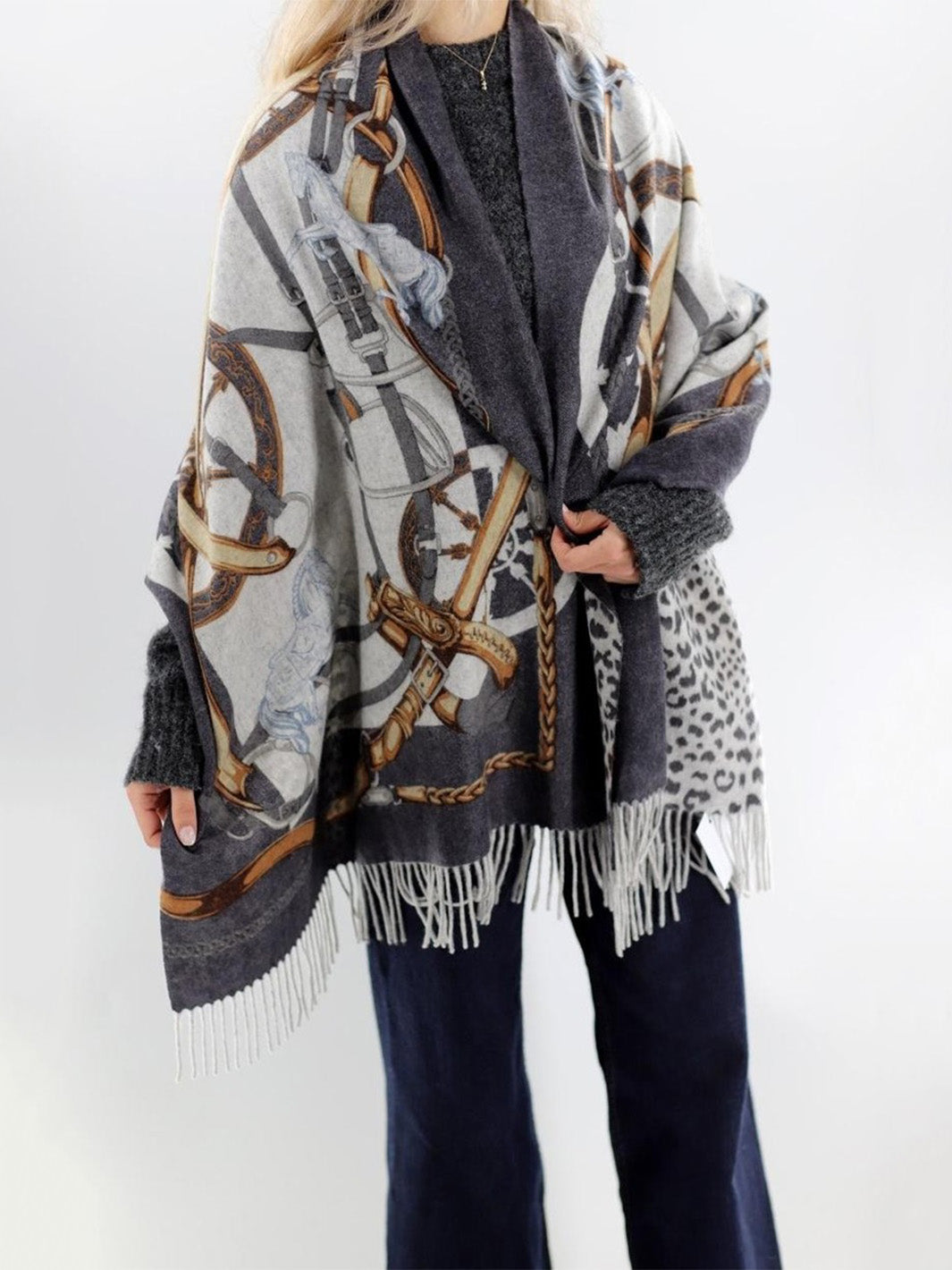 Equestrian Print Wrap in Grey/Charcoal