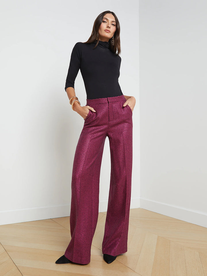 Livvy Straight Leg Trouser in Pink /Black Houndstooth