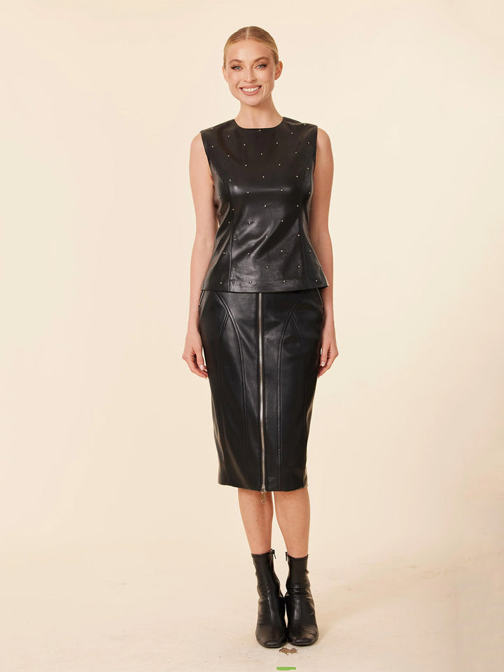 Faux Leather Double Zip Long Skirt in Black