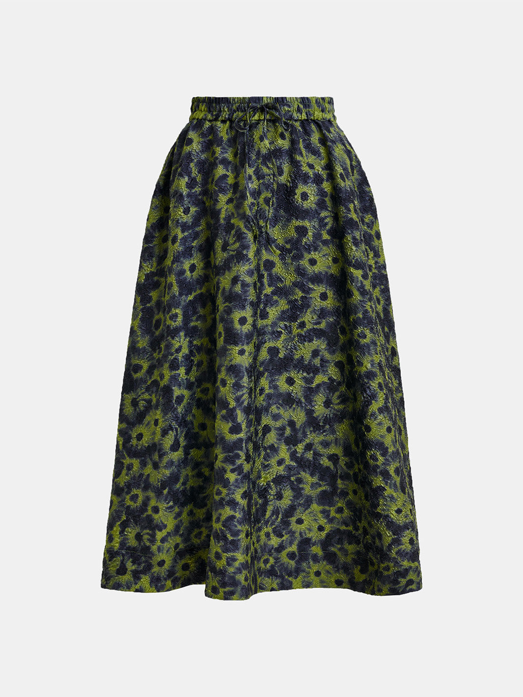 Khaki and dark blue floral-jacquard midi skirt