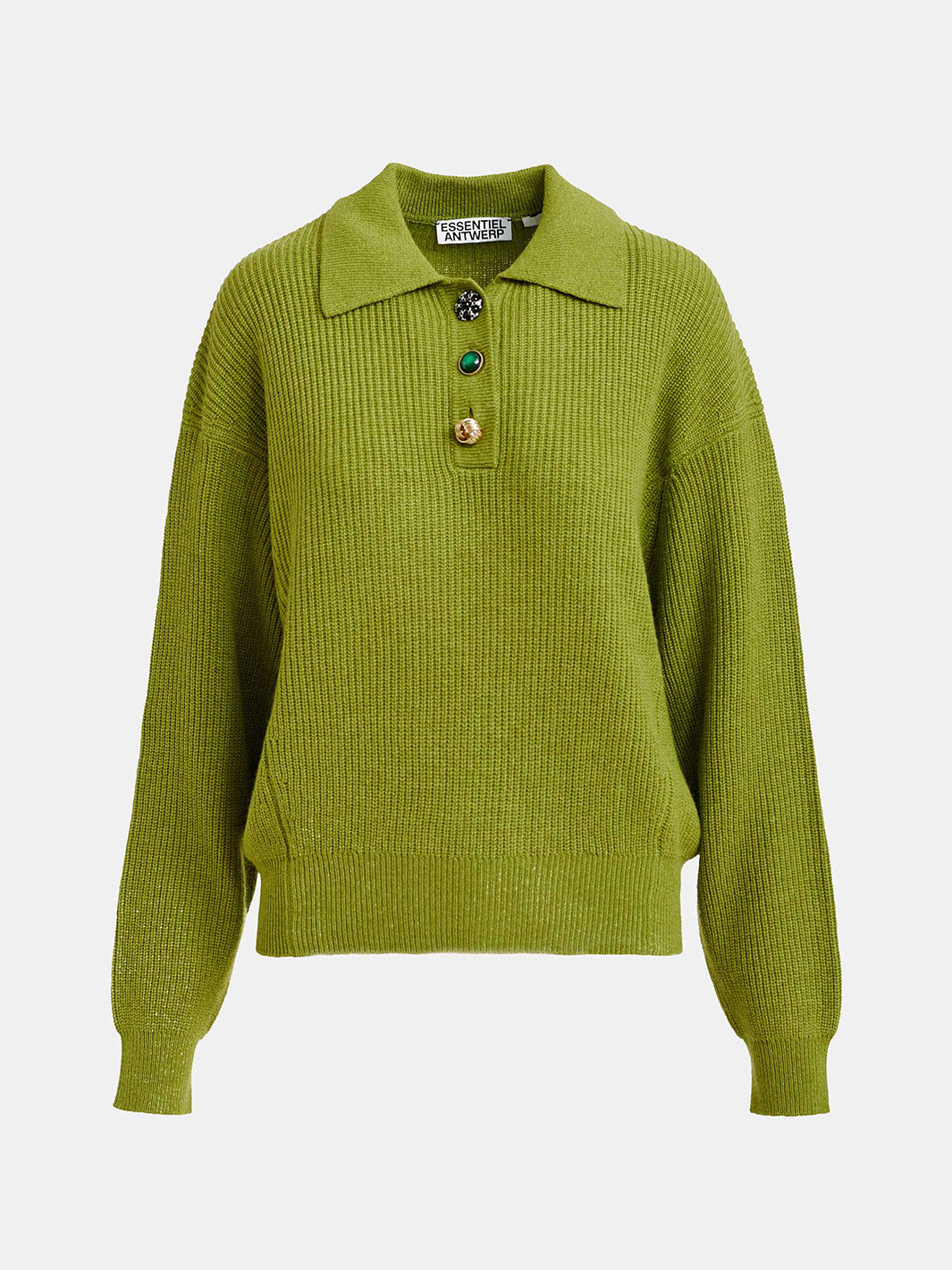 Olive green wool-blend polo with jewel buttons