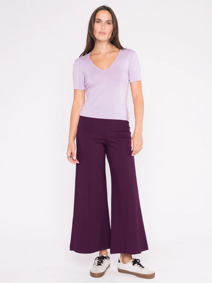 Ponte Knit Wide Leg Cropped Pant in Plum
