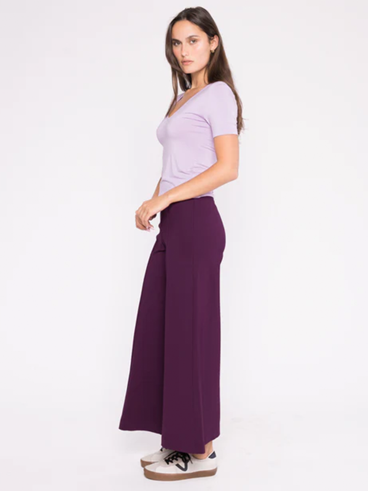 Ponte Knit Wide Leg Cropped Pant in Plum