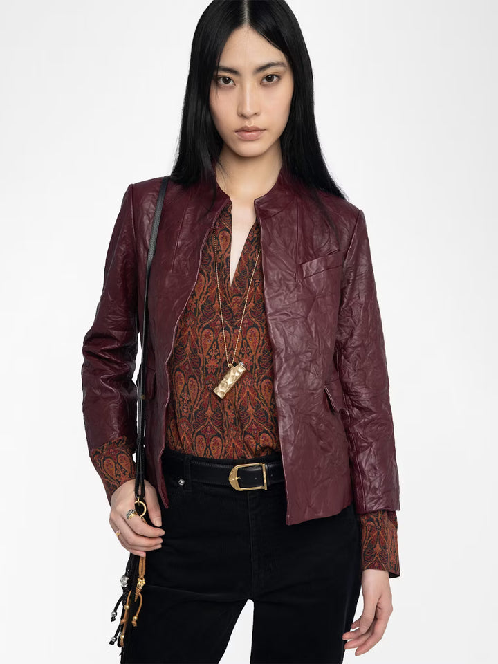 Veryn Crinkled Leather Blazer in Burgundy