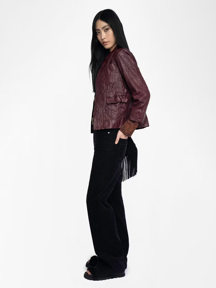 Veryn Crinkled Leather Blazer in Burgundy