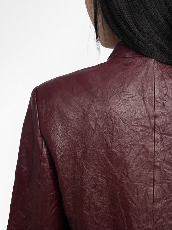 Veryn Crinkled Leather Blazer in Burgundy