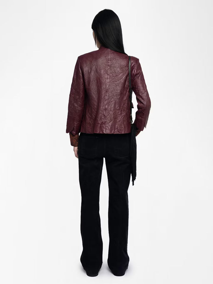 Veryn Crinkled Leather Blazer in Burgundy