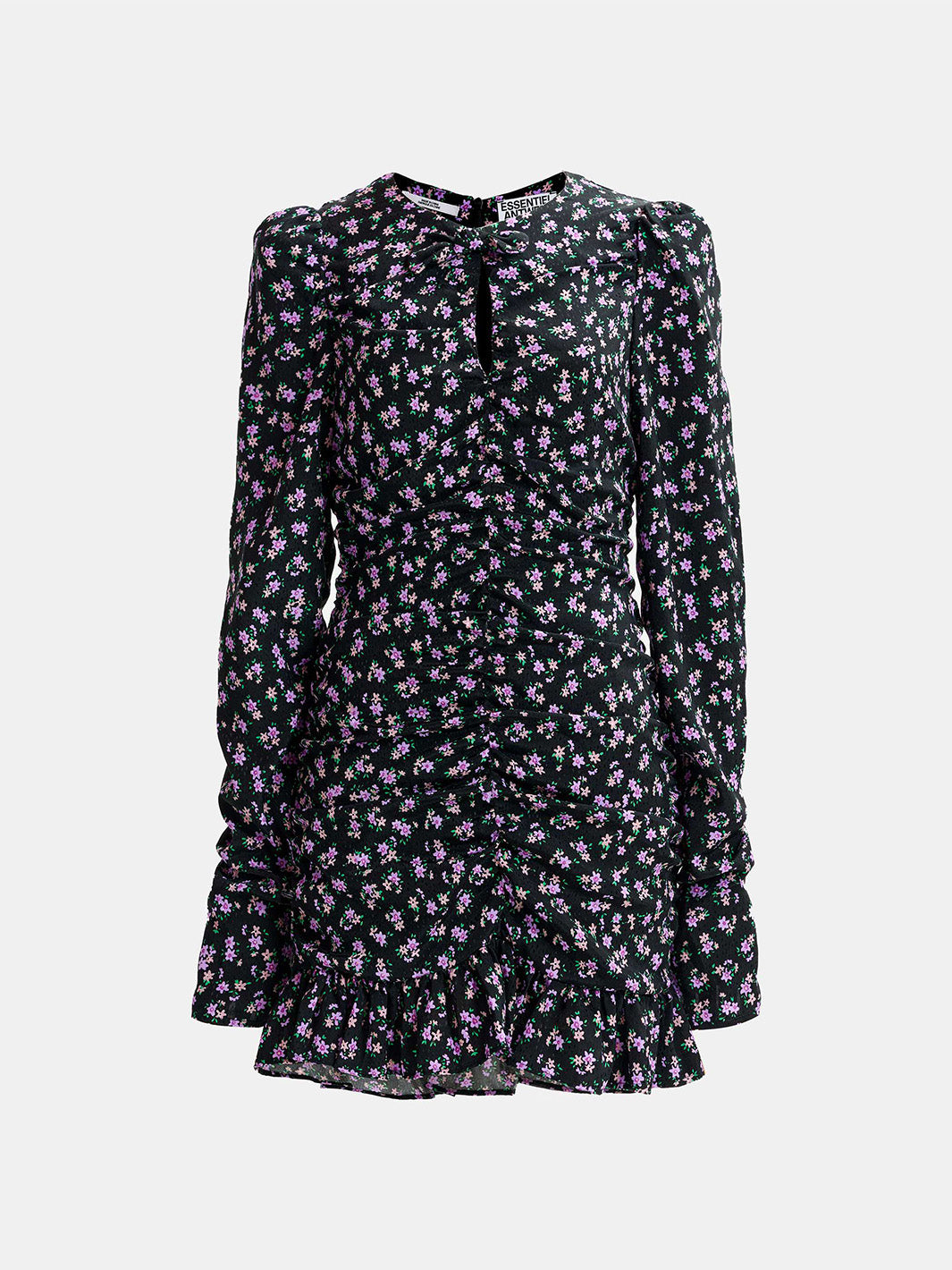 Black, purple and green ruched printed mini dress