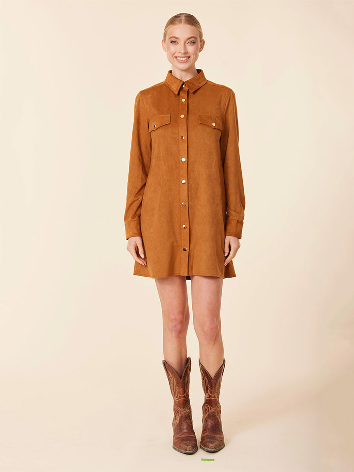Faux Suede Long Sleeve Dress in Burnt Orange