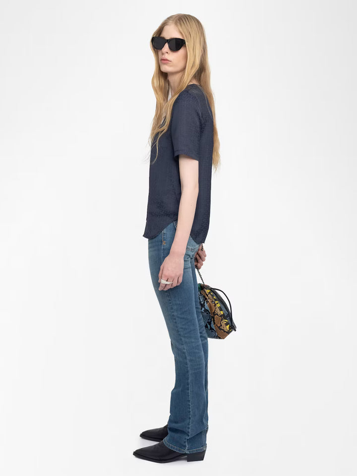 Terzo Satin Top with Metallic Wings in Encre