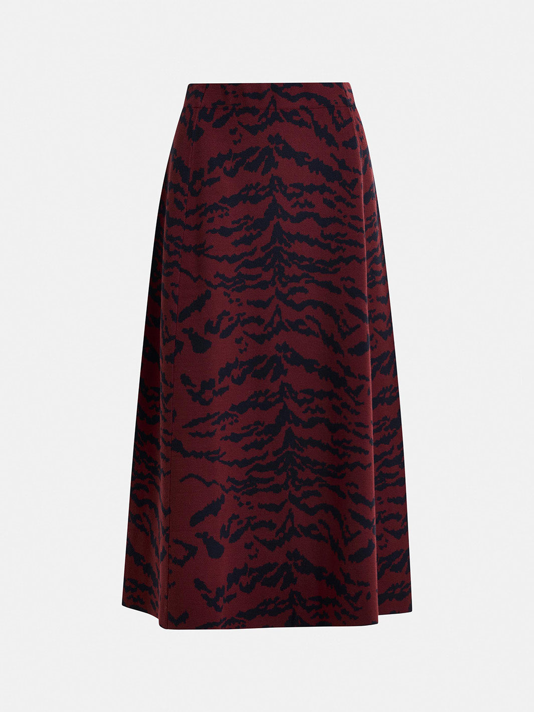 Burgundy and black tiger-print A-line knit midi skirt