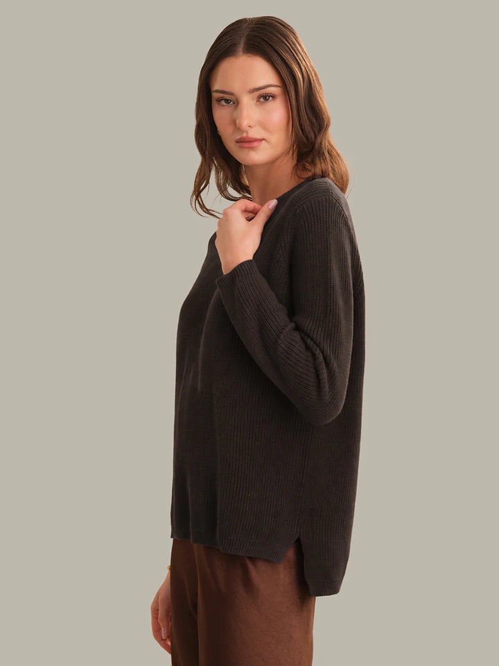 Emma Crewneck Shaker Stitch Cotton Sweater in Chocolate Plum