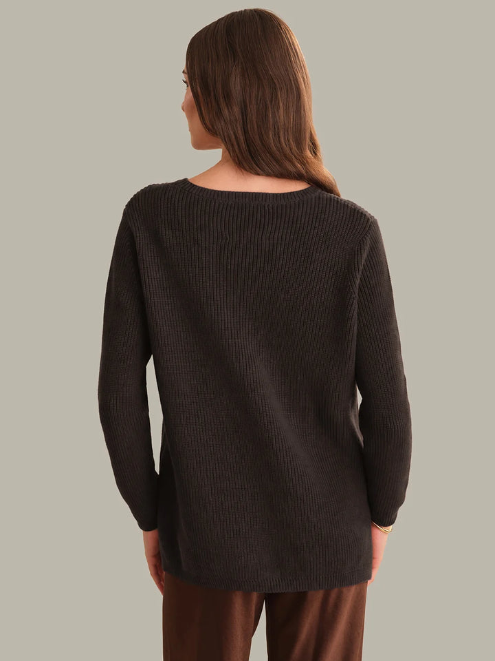 Emma Crewneck Shaker Stitch Cotton Sweater in Chocolate Plum