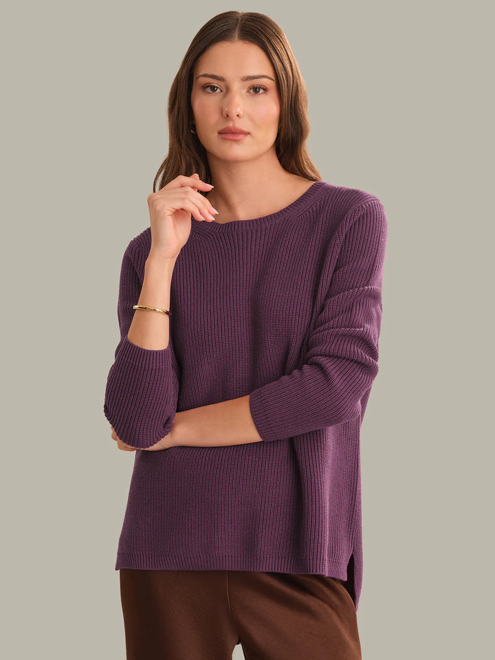 Emma Crewneck Shaker Stitch Cotton Sweater in Italian Plum
