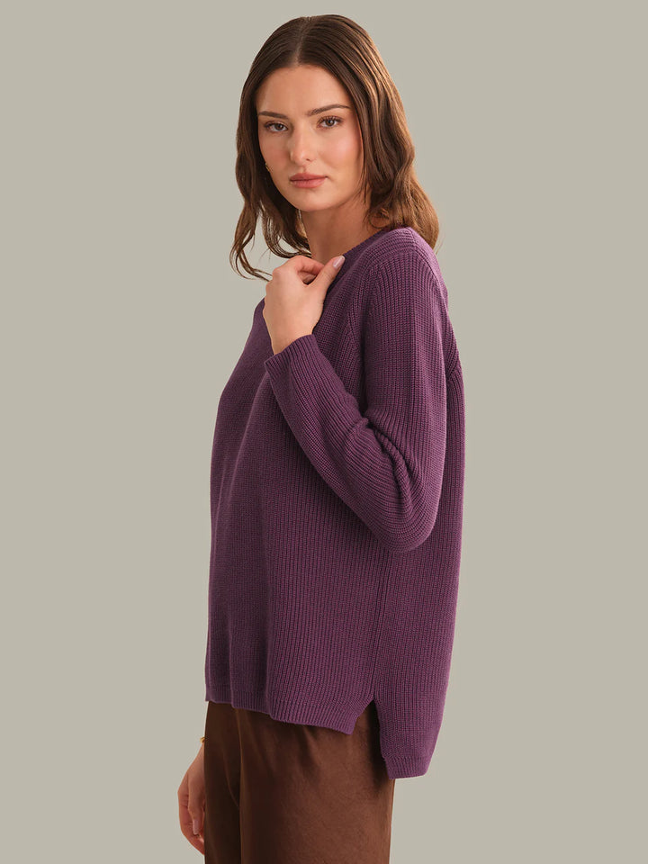 Emma Crewneck Shaker Stitch Cotton Sweater in Italian Plum