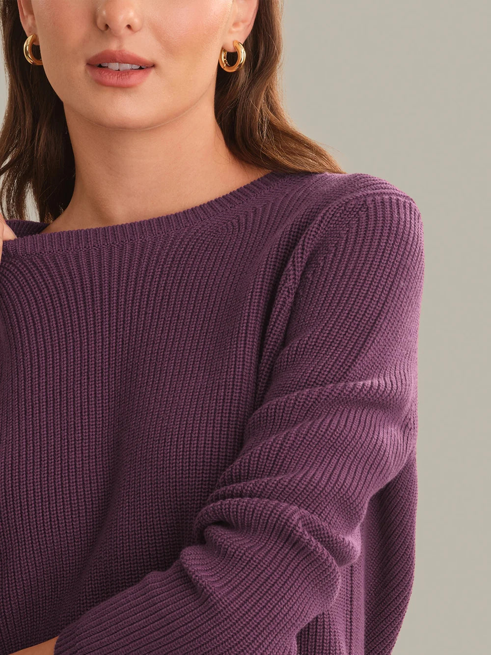 Emma Crewneck Shaker Stitch Cotton Sweater in Italian Plum