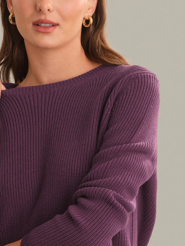 Emma Crewneck Shaker Stitch Cotton Sweater in Italian Plum