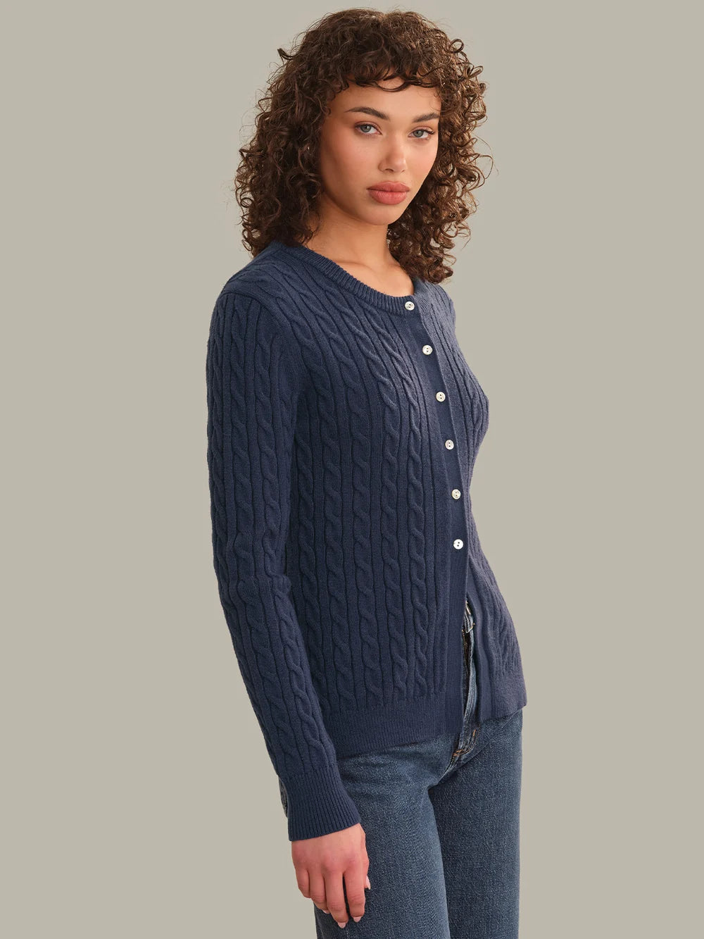 Juliette Cable Split Hem Cardigan in Dark Blue