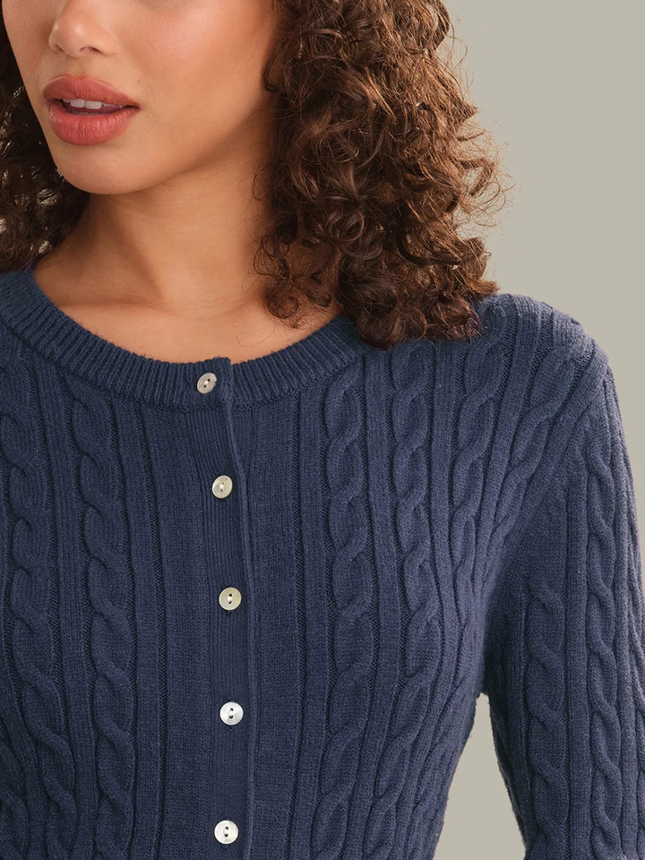 Juliette Cable Split Hem Cardigan in Dark Blue