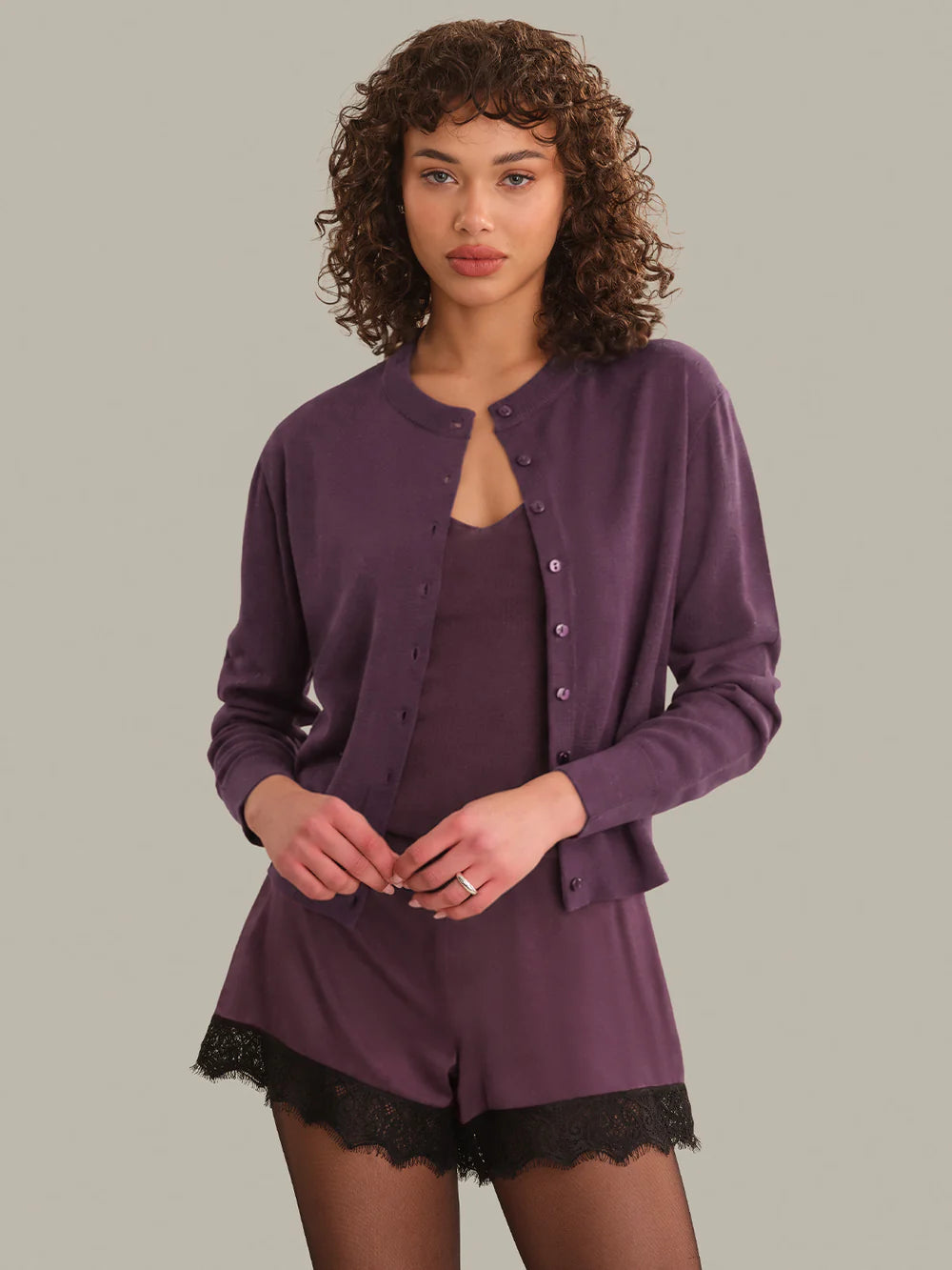 Bennett Sheer Long Sleeve Button Down Crew Neck Cardigan in Italian Plum