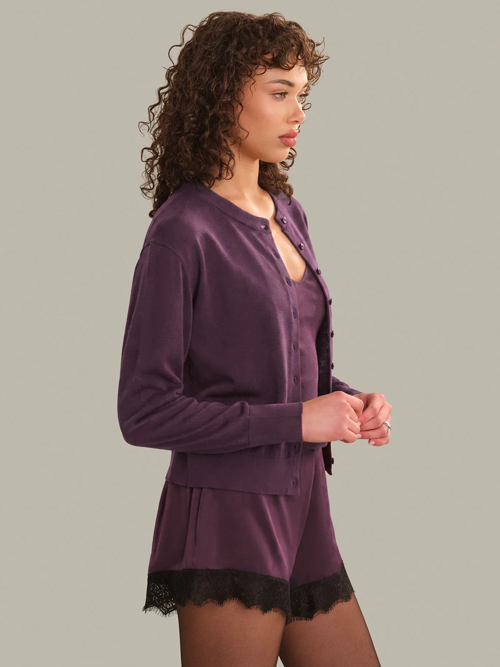 Bennett Sheer Long Sleeve Button Down Crew Neck Cardigan in Italian Plum