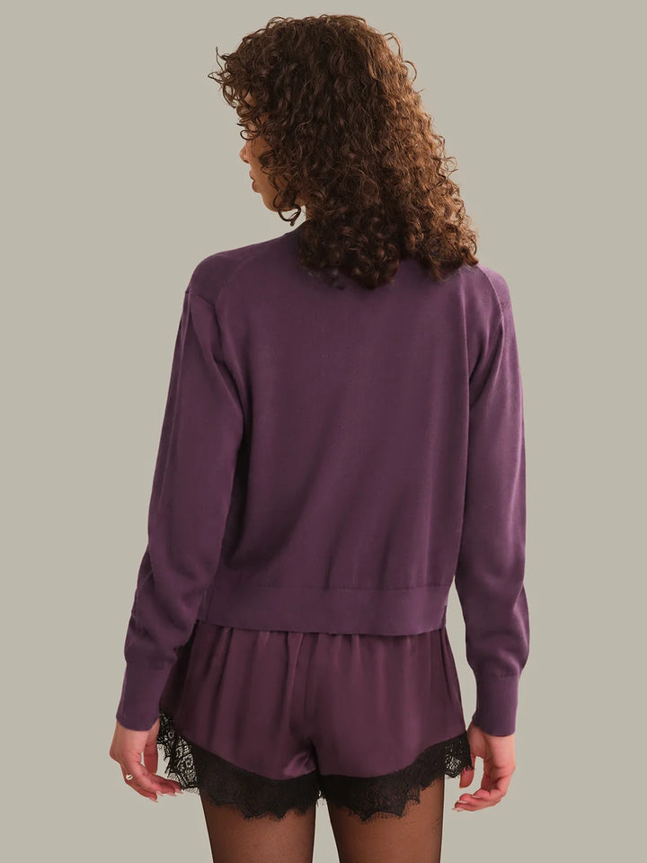 Bennett Sheer Long Sleeve Button Down Crew Neck Cardigan in Italian Plum