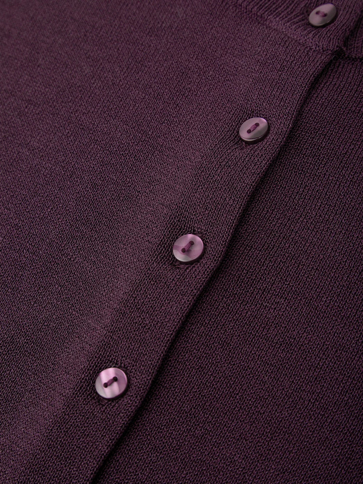 Bennett Sheer Long Sleeve Button Down Crew Neck Cardigan in Italian Plum