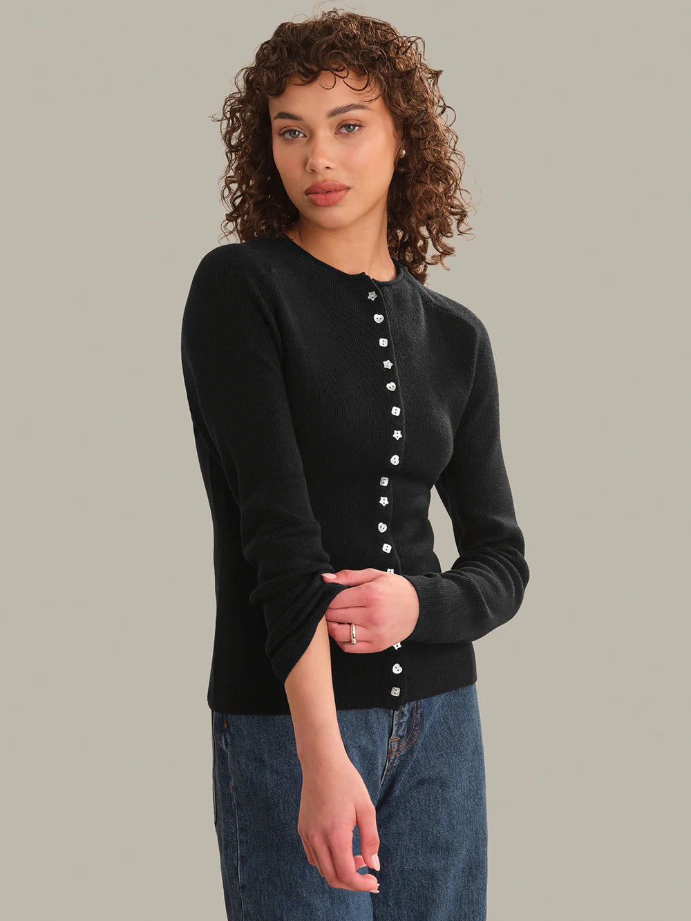 Calloway Mixed Button High Neck Cardigan in Black