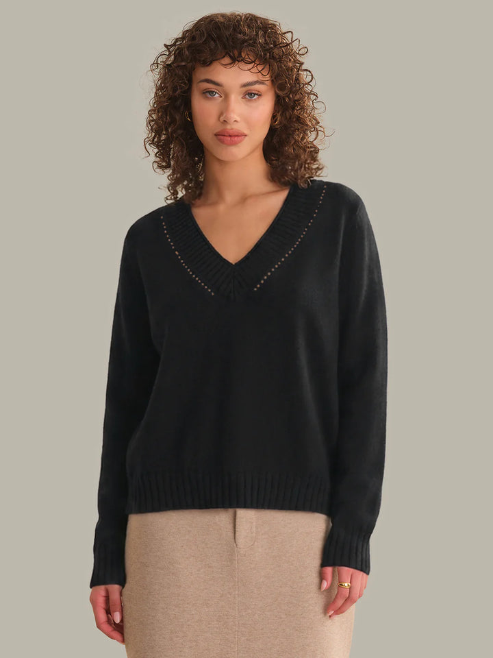 Virginia V-Neck Pullover With Pointelle Details in Black
