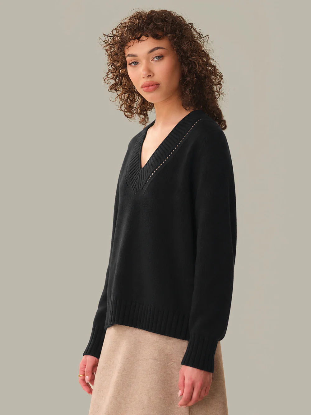Virginia V-Neck Pullover With Pointelle Details in Black