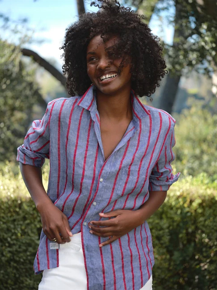 Eileen Relaxed Button-Up Shirt in Blue Red Textured Stripe