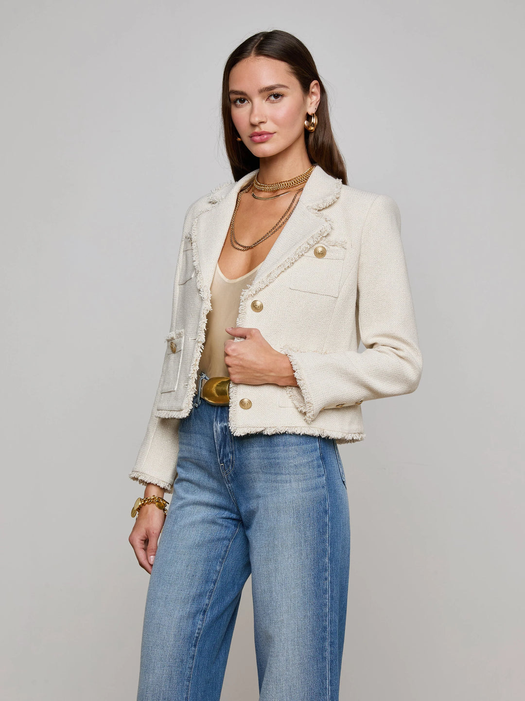 Sylvia Tweed Collard Jacket in Ivory/Light Gold