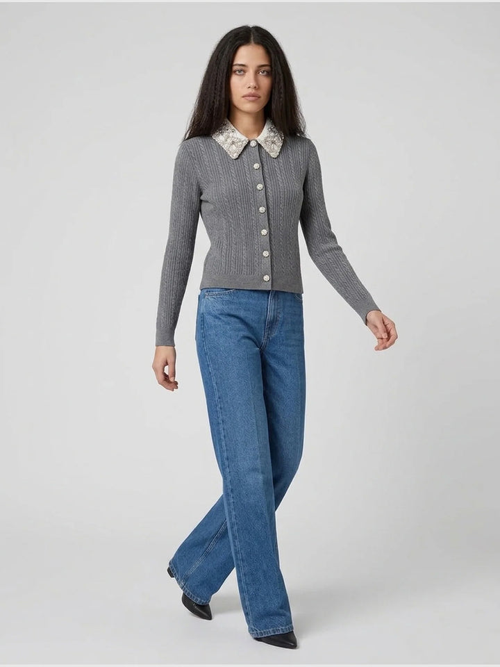 Cropped Cardigan with Lace Collar in Grey
