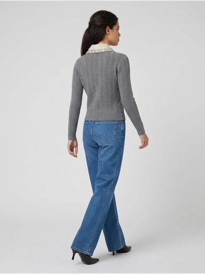 Cropped Cardigan with Lace Collar in Grey