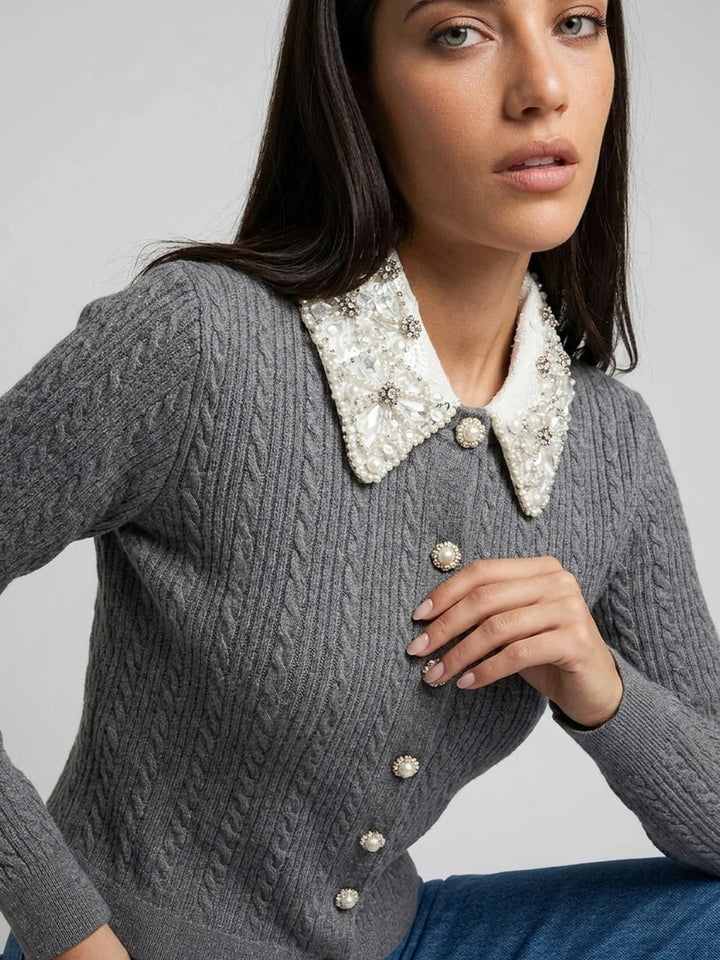 Cropped Cardigan with Lace Collar in Grey