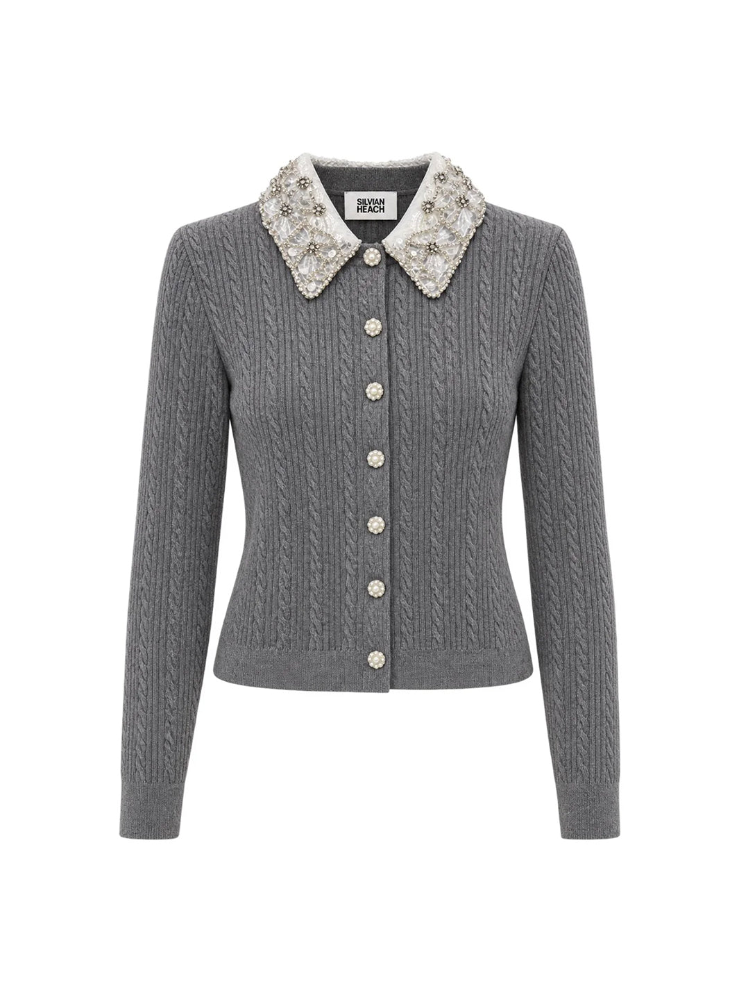 Cropped Cardigan with Lace Collar in Grey